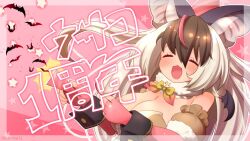 Rule 34 | 1girl, animal, animal ears, anniversary, bat (animal), bat ears, bat girl, bat wings, brown hair, brown long-eared bat (kemono friends), coroha, elbow gloves, extra ears, fingerless gloves, gloves, grey hair, kemono friends, kemono friends v project, leotard, long hair, looking at viewer, microphone, pink background, simple background, smile, solo, translation request, virtual youtuber, wings