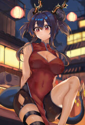 Rule 34 | 1girl, absurdres, arknights, bare shoulders, black shorts, blue hair, breasts, ch&#039;en (ageless afterglow) (arknights), ch&#039;en (arknights), china dress, chinese clothes, cleavage, cleavage cutout, clothing cutout, commentary request, covered navel, double bun, dragon horns, dragon tail, dress, feet out of frame, hair between eyes, hair bun, highres, horns, knee up, large breasts, long hair, looking at viewer, official alternate costume, purplecat, red dress, red eyes, short shorts, shorts, sidelocks, sitting, sleeveless, sleeveless dress, solo, tail, thigh strap, thighs, twintails