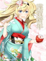 Rule 34 | 1girl, alternate costume, bad id, bad nicoseiga id, blonde hair, blue eyes, breasts, cup, enemy lifebuoy (kancolle), floral background, flower, gambier bay (kancolle), gudon (iukhzl), hair between eyes, hair flower, hair ornament, hairband, japanese clothes, kantai collection, kimono, large breasts, looking at viewer, open mouth, solo, twintails, yukata