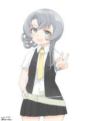 Rule 34 | 1girl, asymmetrical hair, belt, black skirt, black vest, commentary request, contrapposto, dated, dress shirt, flipped hair, grey eyes, hand on own hip, highres, kantai collection, looking at viewer, necktie, nowaki (kancolle), one-hour drawing challenge, pleated skirt, school uniform, shirt, silver hair, simple background, skirt, solo, swept bangs, toplow, twitter username, v, vest, white background, white shirt, yellow necktie
