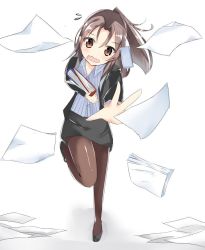 Rule 34 | 10s, 1girl, alternate costume, binder, blush, brown eyes, brown hair, dropping, formal, high heels, jacket, kanisaka shizuku, kantai collection, long hair, office lady, open mouth, outstretched hand, pantyhose, paper, pencil skirt, ponytail, simple background, skirt, skirt suit, solo, suit, wavy mouth, zuihou (kancolle)