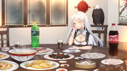 Rule 34 | 1girl, ;), animal, arm support, azur lane, bacon, bad id, bad pixiv id, baozi, bird, blush, bottle, bowl, breasts, chair, chicken (food), chili pepper, china dress, chinese clothes, chopsticks, cleavage, cleavage cutout, closed mouth, clothing cutout, coca-cola, commentary request, cup, dress, drink, drinking glass, eagle, earrings, enterprise (azur lane), food, food request, ham, head rest, head tilt, highres, indoors, jewelry, long hair, looking at viewer, maya g, medium breasts, one eye closed, plate, purple eyes, short sleeves, shrimp, silver hair, sitting, smile, soda bottle, solo, sprite (drink), table, very long hair, white dress, window
