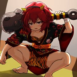 Rule 34 | 1girl, animal print, barefoot, blush, breasts, club (weapon), fake horns, floral print, gojarun, holding, holding club, holding weapon, horns, idolmaster, idolmaster cinderella girls, japanese clothes, kimono, looking at viewer, murakami tomoe, oni horns, open mouth, red eyes, red hair, sash, short hair, small breasts, solo, spread legs, squatting, tiger print, weapon