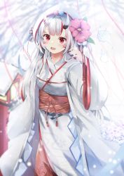 Rule 34 | 1girl, aizawa (aizawatsu), blush, facial mark, flower, highres, hololive, horns, japanese clothes, kimono, long sleeves, looking at viewer, multicolored hair, nakiri ayame, oni, open mouth, red eyes, red hair, skin-covered horns, smile, solo, streaked hair, uchikake, virtual youtuber, white background, white hair, white kimono, wide sleeves