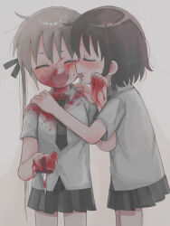 Rule 34 | 2girls, ahoge, black necktie, black skirt, blonde hair, blood, blood on clothes, blood on face, blood on hands, blood splatter, blush, brown hair, closed eyes, collared shirt, cowboy shot, facing viewer, fangs, hands on another&#039;s shoulders, head tilt, highres, holding, holding knife, kill me baby, knife, licking, licking another&#039;s face, licking blood, long hair, multiple girls, muted color, necktie, open mouth, oribe yasuna, pleated skirt, profile, raised eyebrow, shirt, short eyebrows, short hair, short sleeves, simple background, skirt, smile, sonya (kill me baby), twintails, white background, white shirt, yasashii naizou, yuri