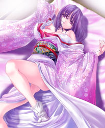 Rule 34 | 00s, 1girl, bed, bracelet, fate/stay night, fate (series), fingernails, flower, hair in own mouth, japanese clothes, jewelry, kimono, leg up, legs, long fingernails, long hair, lying, matou sakura, nail, nail polish, no bra, off shoulder, on back, outstretched arms, panties, pink nails, purple eyes, purple hair, q-gaku, shinbo tamaran, socks, solo, spread arms, spread legs, tabi, underwear