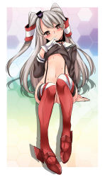 Rule 34 | 10s, 1girl, absurdres, amatsukaze (kancolle), bad id, bad pixiv id, blush, bottomless, brown eyes, choker, clothes lift, dress, dress lift, flat chest, hat, head tilt, highres, kantai collection, karasuma yayoi, long hair, looking at viewer, nipple slip, nipples, red thighhighs, sailor dress, silver hair, sitting, smile, solo, striped clothes, striped thighhighs, sweat, thighhighs, two side up