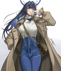 Rule 34 | 1girl, absurdres, artist name, bag, belt, between breasts, blue belt, blue eyes, blue hair, blue pants, breasts, brown jacket, buttons, commentary, denim, english commentary, halo, hand in pocket, handbag, highres, hololive, hololive english, jacket, jeans, large breasts, long hair, looking at viewer, ouro kronii, pants, rudang, shirt, strap between breasts, virtual youtuber, white shirt