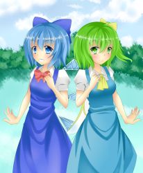 Rule 34 | 2girls, ascot, blue eyes, blue hair, blush, bow, bowtie, breasts, cirno, collared shirt, daiyousei, dress, fairy wings, green eyes, green hair, grin, hair bow, ice, ice wings, kyouran, lake, large bow, looking at viewer, medium breasts, multiple girls, shirt, short hair, side ponytail, small breasts, smile, tareme, touhou, tree, wings