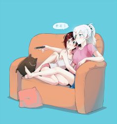 Rule 34 | 2girls, barefoot, blue eyes, blush, brown hair, casual, chinese text, commentary, controller, couch, couple, artistic error, hair ornament, hairclip, hug, kuma (bloodycolor), mouth hold, multiple girls, pillow, ponytail, remote control, ruby rose, rwby, scrunchie, sitting, thought bubble, translated, weiss schnee, white hair, wrong foot, yuri