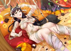 Rule 34 | 1girl, :d, animal ears, atago (azur lane), azur lane, bandages, breasts, brown eyes, brown hair, chocolate, clenched hand, collarbone, curtains, cushion, dutch angle, food, ghost, glowing, glowing eyes, halloween, indoors, jack-o&#039;-lantern, kagiyama (clave), knees together feet apart, large breasts, long hair, looking at viewer, navel, open mouth, pumpkin, reclining, sitting, skindentation, smile, solo, sweets