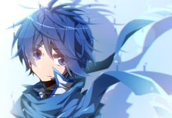 Rule 34 | 1boy, aosaki yato, blue background, blue eyes, blue hair, blue scarf, blurry, blurry foreground, coat, commentary, digital dissolve, head tilt, highres, kaito (vocaloid), looking at viewer, male focus, portrait, scarf, shadow, short hair, smile, solo, vocaloid, white coat