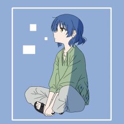 Rule 34 | 1girl, asymmetrical sidelocks, black footwear, blue background, blue hair, blue theme, bocchi the rock!, border, butterfly sitting, closed mouth, collarbone, commentary, dot mouth, earrings, full body, green shirt, grey pants, hands on own feet, highres, jewelry, long sleeves, looking ahead, looking up, mole, mole under eye, oekaki bibbi, pants, parted bangs, puffy long sleeves, puffy sleeves, rectangle, sandals, shirt, short hair, simple background, sitting, solo, stud earrings, toes, white border, yamada ryo, yellow eyes
