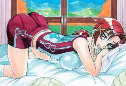 Rule 34 | 10s, 1girl, ass, bed, bike shorts, breast press, breasts, female focus, hayami jin, highres, hino akane (smile precure!), large breasts, long hair, looking at viewer, open mouth, ponytail, precure, red eyes, red hair, smile, smile precure!, solo, top-down bottom-up, v