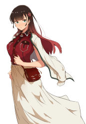 Rule 34 | 1girl, bag, black hair, breasts, buttons, character request, copyright request, flower, gradient hair, green eyes, hair flower, hair ornament, highres, jacket, jacket on shoulders, large breasts, long hair, long skirt, looking at viewer, multicolored hair, open mouth, red hair, red shirt, shirt, shoulder bag, simple background, skirt, solo, tokiwa midori (kyokutou funamushi), white background, white jacket, white skirt