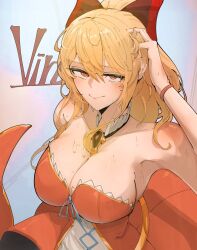 Rule 34 | 1girl, azz0422, bare shoulders, blonde hair, blush, breasts, cleavage, commentary, dress, english commentary, english text, eyelashes, gradient background, granblue fantasy, hair ribbon, hand in own hair, highres, large breasts, light smile, long hair, looking at viewer, pastel colors, ponytail, red dress, red eyes, red ribbon, ribbon, simple background, sleeveless, sleeveless dress, solo, sweat, upper body, vira (granblue fantasy), wristband