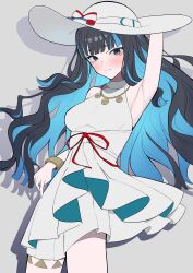 Rule 34 | absurdres, armpits, black hair, blue hair, blush, bracelet, colored inner hair, dress, fate/grand order, fate (series), grey eyes, hat, highres, jewelry, multicolored hair, necklace, sun hat, sundress, tenochtitlan (fate), tenochtitlan (swimsuit mooncancer) (fate), uriuriyukitti, white background, white dress, white hat