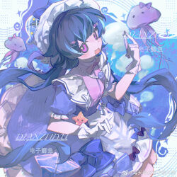 Rule 34 | 1girl, bead necklace, beads, black hair, blue bow, blue dress, blue hair, blue sash, blue sleeves, bow, bowtie, bubble, chinese text, circle skirt, coat, collared dress, cowboy shot, dress, dress bow, english text, frilled dress, frilled hat, frilled sleeves, frilled vest, frills, gloves, hair ornament, hairclip, hat, hat bow, highres, holding vial, jellyfish, jewelry, layered dress, light blush, long hair, looking at viewer, low twintails, meitian du dian zongzi cha waimai, mixed-language text, multicolored bow, multicolored hair, necklace, open mouth, original, pink bow, pink bowtie, puffy short sleeves, puffy sleeves, purple bow, purple eyes, purple vest, sash, short dress, short sleeves, smile, solo, sparkle, star (symbol), star hair ornament, starfish, streaked hair, twintails, very long hair, vest, waist bow, waist sash, watermark, weibo logo, weibo watermark, white background, white coat, white dress, white gloves, white hat
