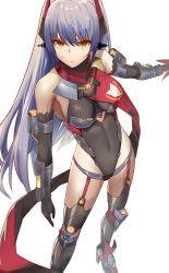 Rule 34 | 1girl, android, armor, breasts, covered navel, garter straps, gloves, gold trim, highleg, highleg leotard, highres, joints, leotard, long hair, looking at viewer, nintendo, orange eyes, poppi (xenoblade), poppi qtpi (xenoblade), purple hair, robot joints, scarf, simple background, solo, spoilers, thighhighs, vic (vedream), xenoblade chronicles (series), xenoblade chronicles 2