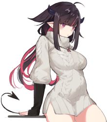 Rule 34 | 1girl, ahoge, aran sweater, black hair, blunt bangs, breasts, cable knit, cowboy shot, demon girl, demon tail, hair flaps, horns, jewelry, large breasts, leaning back, long hair, low ponytail, multicolored hair, necklace, nijisanji, parted lips, pink hair, pointy ears, purple eyes, seinen, sidelocks, simple background, sleeves past wrists, solo, sweater, tail, thighs, triangle mouth, turtleneck, turtleneck sweater, two-tone hair, virtual youtuber, white background, yamiyono moruru