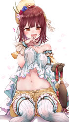 Rule 34 | 1girl, :d, alt (ctrldel), asymmetrical gloves, atelier (series), atelier sophie, bare shoulders, blue flower, blush, breasts, brown eyes, brown gloves, brown hair, collarbone, crop top, detached sleeves, fang, finger to mouth, flower, frilled thighhighs, frills, gloves, hair ornament, hat, hat flower, heart, highres, holding strap, jewelry, looking at viewer, medium breasts, midriff, navel, necklace, open mouth, pink flower, pinky to mouth, red flower, short hair, short shorts, shorts, sitting, skin fang, smile, solo, sophie neuenmuller, standing, standing on one leg, stomach, strapless, thigh strap, thighhighs, uneven gloves, white background, white thighhighs, wrist cuffs, yellow hat