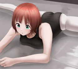 Rule 34 | 1girl, amami haruka, ass, ballerina, ballet, black leotard, breast press, breasts, brown hair, commentary, commission, floor, green eyes, highres, idolmaster, leotard, medium breasts, on floor, open mouth, pantyhose, pixiv commission, short hair, solo, split, stretching, tama (tamago), white pantyhose