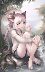 Rule 34 | 1girl, absurdres, aged down, animal ears, bad id, bad twitter id, blade &amp; soul, blue shorts, blush, cat ears, cat tail, commission, crossed legs, grey eyes, highres, holding leg, kierid, looking at viewer, lyn (blade &amp; soul), mole, mole under eye, nature, open mouth, ponytail, river, sandals, shirt, short shorts, shorts, solo, tail, waving, white hair, white shirt