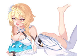 Rule 34 | 1girl, :d, ass, bad id, bad pixiv id, bare shoulders, barefoot, blonde hair, breast press, breast rest, breasts, cleavage, dress, fang, feet, feet up, flower, foot out of frame, genshin impact, gloves, hair flower, hair ornament, halter dress, halterneck, hand on own stomach, heart, heart-shaped pupils, highres, large breasts, lumine (genshin impact), no panties, open mouth, partially fingerless gloves, short hair with long locks, sidelocks, simple background, single thighhigh, skin fang, slime (genshin impact), smile, solo, symbol-shaped pupils, thighhighs, toes, white background, white dress, white flower, white thighhighs, yellow eyes, yuruto