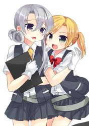 Rule 34 | 10s, 2girls, :d, asymmetrical hair, black vest, blonde hair, bow, bowtie, clipboard, collared shirt, gloves, grey eyes, hug, hug from behind, kantai collection, maikaze (kancolle), multiple girls, nagasioo, necktie, nowaki (kancolle), open mouth, pleated skirt, ponytail, red bow, red bowtie, school uniform, shirt, short hair, silver hair, simple background, skirt, smile, vest, white background, white gloves