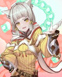 Rule 34 | 1girl, :d, absurdres, animal ears, belt, breasts, cat ears, cat girl, dagger, fangs, gloves, grey hair, hand on own hip, highres, jumpsuit, knife, long sleeves, looking at viewer, medium breasts, mochigana, nia (xenoblade), open mouth, sheath, sheathed, short hair, smile, solo, upper body, weapon, white gloves, white hood, xenoblade chronicles (series), xenoblade chronicles 2, yellow eyes, yellow jumpsuit