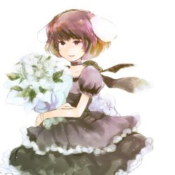Rule 34 | 1girl, alternate costume, animal ears, bad id, bad pixiv id, bouquet, rabbit ears, carrot, choker, dress, female focus, flower, formal, highres, holding, inaba tewi, open mouth, puffy short sleeves, puffy sleeves, purple dress, purple eyes, purple hair, qeey, rose, short sleeves, solo, touhou, white background, white flower, white rose