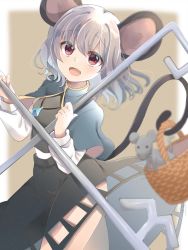 Rule 34 | 1girl, animal ears, basket, blue capelet, blurry, blurry background, blush, breasts, brown background, capelet, commentary request, cowboy shot, crystal, dowsing rod, grey hair, grey skirt, grey vest, highres, holding, holding with tail, jewelry, layered clothes, long sleeves, looking at viewer, mouse (animal), mouse ears, mouse girl, mouse tail, nazrin, open mouth, pendant, ponta (wwtaimeww), prehensile tail, red eyes, shirt, short hair, skirt, skirt set, small breasts, smile, solo, tail, touhou, two-tone background, vest, white background, white shirt