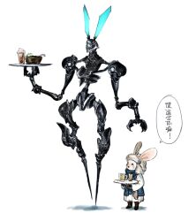 Rule 34 | 2others, ambiguous gender, animal ears, boots, bowl, brown footwear, chinese text, cup, dress, drink, drinking glass, final fantasy, final fantasy xiv, full body, height difference, highres, holding, holding tray, loporrit, multiple others, open mouth, other focus, quxiaochong, rabbit ears, robot, simple background, speech bubble, standing, translated, tray, turban, white background, white dress, white headwear