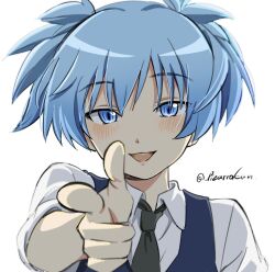 1boy :d ansatsu_kyoushitsu black_necktie blue_eyes blue_hair blue_vest blush collared_shirt finger_gun foreshortening hair_between_eyes hand_up highres kunugigaoka_middle_school_uniform light_blue_hair looking_at_viewer male_focus necktie open_mouth pizarrokun pointing pointing_at_viewer portrait raised_eyebrows school_uniform shade shiota_nagisa shirt short_twintails simple_background sleeves_rolled_up smile solo teeth twintails twitter_username upper_teeth_only vest white_background white_shirt