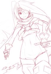 Rule 34 | 1girl, cape, dagger, elbow gloves, eyepatch, female focus, frown, gloves, gluteal fold, image sample, johnny funamushi, kanon (wild arms 2), knife, long hair, lowres, monochrome, prosthesis, short hair, single elbow glove, skirt, solo, thighhighs, thumbnail, weapon, white background, wild arms, wild arms 2
