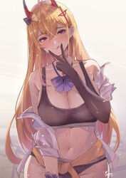 Rule 34 | 1girl, :q, alternate costume, azur lane, bare shoulders, black gloves, blonde hair, blush, breasts, cleavage, collarbone, elbow gloves, gloves, hair ornament, hand up, horns, kumano (azur lane), large breasts, looking at viewer, navel, purple eyes, sea nami, signature, smile, solo, sports bra, sweat, tongue, tongue out, v