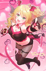 Rule 34 | 1girl, absurdres, asymmetrical gloves, blonde hair, box, breasts, chocolate, cleavage, demon girl, demon wings, fingerless gloves, fishnet pantyhose, fishnets, flying, gloves, green eyes, head wings, heart-shaped box, highres, hoshii miki, idolmaster, idolmaster million live!, idolmaster million live! theater days, incoming food, long hair, looking at viewer, medium breasts, mismatched gloves, open mouth, pantyhose, shiro (ongrokm), smile, solo, valentine, wings