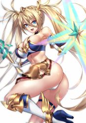 Rule 34 | 1girl, armpits, ass, bare shoulders, blonde hair, blue eyes, blush, bradamante (fate), bradamante (third ascension) (fate), braid, breasts, cleavage, elbow gloves, fate/grand order, fate (series), french braid, glint, gloves, high heels, highres, holding, holding polearm, holding spear, holding weapon, leg up, leotard, long hair, looking at viewer, looking back, medium breasts, nasaniliu, open mouth, polearm, ribbon, shield, simple background, smile, solo, sparkle, spear, thigh strap, twintails, twisted torso, very long hair, weapon