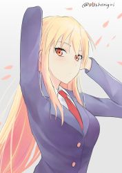 Rule 34 | 1girl, arms behind head, arms up, blonde hair, blue jacket, breasts, commentary request, eyelashes, grey background, highres, jacket, long hair, looking at viewer, medium breasts, necktie, orange eyes, red necktie, reiquant, sakura-sou no pet na kanojo, school uniform, shiina mashiro, shirt, sidelocks, simple background, solo, twitter username, upper body, white shirt