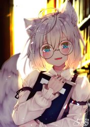 Rule 34 | 1girl, :d, ahoge, animal ear fluff, animal ears, backlighting, blue eyes, blurry, blurry background, blush, book, brown-framed eyewear, chita (ketchup), collared shirt, commentary request, depth of field, fangs, fox ears, fox girl, fox tail, glasses, hair between eyes, highres, long sleeves, looking at viewer, hugging object, open mouth, original, puffy long sleeves, puffy sleeves, round eyewear, shirt, signature, sleeves past wrists, smile, solo, tail, tail raised, upper body, white shirt