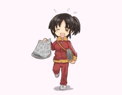Rule 34 | 1girl, alternate costume, beige background, black hair, brown eyes, commentary request, full body, headband, jacket, kantai collection, looking at viewer, nagara (kancolle), newspaper, one eye closed, one side up, pants, red jacket, red pants, running, saiguchi otoufu, short hair, simple background, smile, solo, track jacket, track pants, track suit