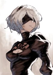 Rule 34 | 1girl, black blindfold, black hairband, blindfold, breasts, cleavage, cleavage cutout, clothing cutout, fubuki (fakemonkey0224), hairband, highres, medium breasts, mole, mole under mouth, nier:automata, nier (series), official style, short hair, solo, upper body, white hair, 2b (nier:automata)