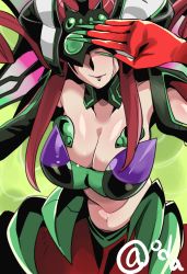 Rule 34 | 1girl, armor, bikini armor, breasts, cardfight!! vanguard, cardfight!! vanguard g, cleavage, closed mouth, detached collar, female focus, gaily kurt, green background, hand up, helmet, large breasts, long hair, midriff, navel, oda koziki, outstretched arms, red hair, sidelocks, signature, simple background, solo, spread arms, standing, strapless