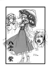 Rule 34 | 1girl, breasts, dress, female focus, gap (touhou), greyscale, hat, high heels, highres, hiroe rei, large breasts, monochrome, nude, open mouth, shoes, sketch, solo, tongue, tongue out, touhou, umbrella, yakumo yukari