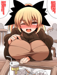 Rule 34 | 1girl, ;d, blonde hair, blush, bow, brand name imitation, breast poke, breast rest, breasts, dress, fast food, french fries, full-face blush, hair bow, highres, huge breasts, kurodani yamame, looking at viewer, one eye closed, open mouth, poking, ponytail, pov dating, puffy sleeves, red eyes, ribbed sweater, smile, soft drink, solo, sweater, touhou, translation request, ueda katsuhito