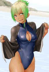 Rule 34 | 1girl, :d, blue eyes, breasts, cameltoe, cleavage cutout, cleft of venus, clothing cutout, commentary request, competition swimsuit, cowboy shot, dark-skinned female, dark skin, front zipper swimsuit, green eyes, green hair, heterochromia, highres, jacket, kilye kairi, long sleeves, looking at viewer, medium breasts, meme attire, one-piece swimsuit, open mouth, original, outdoors, ponytail, smile, solo, standing, swimsuit, tan, wet, wet clothes, wet swimsuit