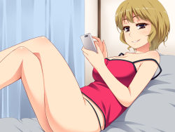 Rule 34 | 1girl, ass, bare shoulders, bed, black eyes, blonde hair, blush, breasts, cellphone, cleavage, curtains, female focus, hayashi custom, large breasts, legs, crossed legs, looking at viewer, lying, on back, original, phone, pillow, short hair, smile, solo, thighs, thong