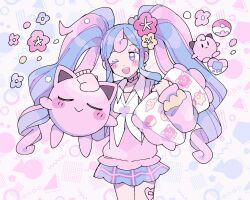 Rule 34 | 1girl, :&gt;, blue hair, blush, choker, cleffa, closed eyes, collarbone, collared shirt, colored eyelashes, creatures (company), earrings, fairy miku (project voltage), flower, frilled pillow, frills, game freak, gen 1 pokemon, gen 2 pokemon, hair flower, hair ornament, hatsune miku, heart, heart choker, highres, holding, holding pillow, jewelry, jigglypuff, long hair, long sleeves, multicolored clothes, multicolored hair, multicolored skirt, neckerchief, nintendo, one eye closed, open mouth, pearl earrings, petting, pillow, pink choker, pink hair, pink sweater, poke ball, pokemon, pokemon (creature), pokewalker, project voltage, remoooon, school uniform, scrunchie, shirt, sidelocks, skirt, smile, solo, sticker on leg, sweater, teeth, twintails, very long hair, vocaloid, white neckerchief, white shirt, wrist scrunchie, yellow scrunchie