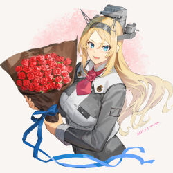 Rule 34 | 1girl, 9-ga, ascot, blonde hair, blue eyes, blue ribbon, bouquet, breasts, dated, flower, grey jacket, hair between eyes, headgear, highres, holding, holding bouquet, jacket, kantai collection, large breasts, long hair, long sleeves, looking at viewer, military uniform, nelson (kancolle), open mouth, red ascot, red flower, red rose, ribbon, rose, simple background, solo, uniform, upper body