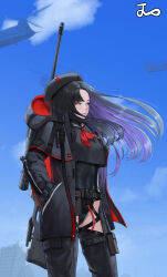 Rule 34 | 1girl, aircraft, asymmetrical bangs, beret, black hair, black jacket, black leotard, breasts, chaps, colored inner hair, covered navel, eunhwa (nikke), fingerless gloves, forehead, gloves, goddess of victory: nikke, gun, hand in pocket, hat, helicopter, hood, hood down, hooded jacket, jacket, leotard, leotard under clothes, lips, long hair, medium breasts, mole, mole under mouth, multicolored hair, neckerchief, noorung, nose, purple eyes, purple hair, red jacket, red neckerchief, rifle, sky, sniper rifle, solo, two-sided fabric, two-sided jacket, weapon, weapon on back